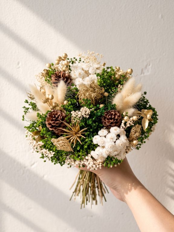 WHITE AND GOLD DRIED BQT WITH PINECONES